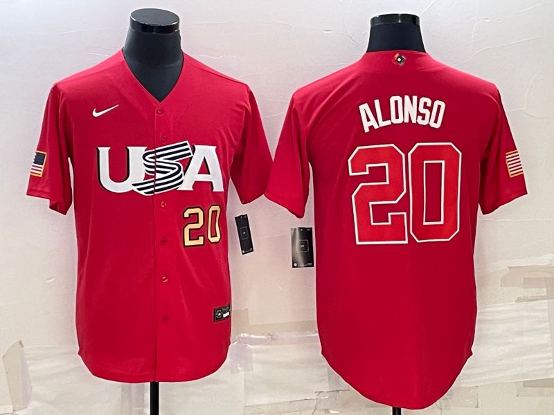 Men 2023 World Cub USA #20 Alonso Red Nike MLB Jersey6